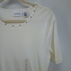NWT Parisian Works White Rhinestone Short Sleeve Tee 100% Cotton S